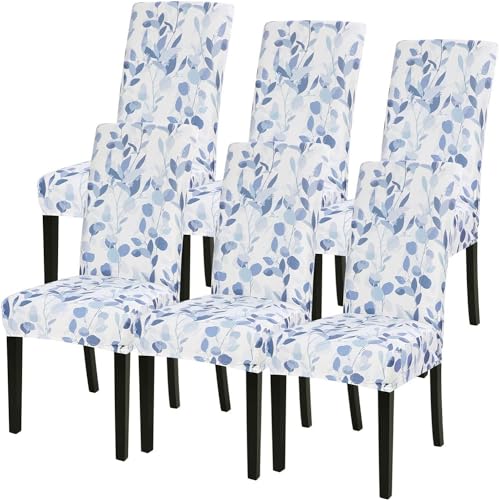 Image of Styleys Elastic Chair Cover Stretch Removable Washable Short Dining Chair Cover Protector Seat Slipcover (Set of 6, Leaves Bay, SD3221)