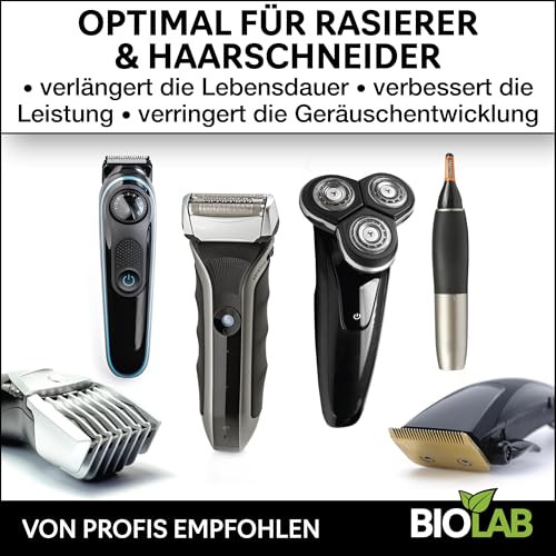 BIOLAB Scherkopf Reinigung & Pflege Set - Scherkopf-Öl (30 ml), Scherkopfreiniger Spray (100ml) + Reinigungsbürste für Rasierer, Haarschneider und Haarschneidemaschine