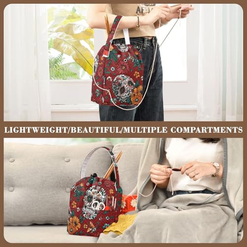 Image of Tatenale Crochet Bag Yarn Bag Knitting Project Bag with Pockets and Handle Portable Yarn Storage Organizer Tangle Free 8.3x11 InchRed Meixcan Flag Skull03
