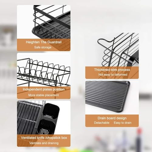 Image of ZROY 2-Tier Large Capacity Dish Drying Rack with Drain Tray - Rust-Resistant Steel Kitchen Organizer with Utensil Holder, Plate Stand & Cup Storage for Countertop (Black Rack 2-Tier)