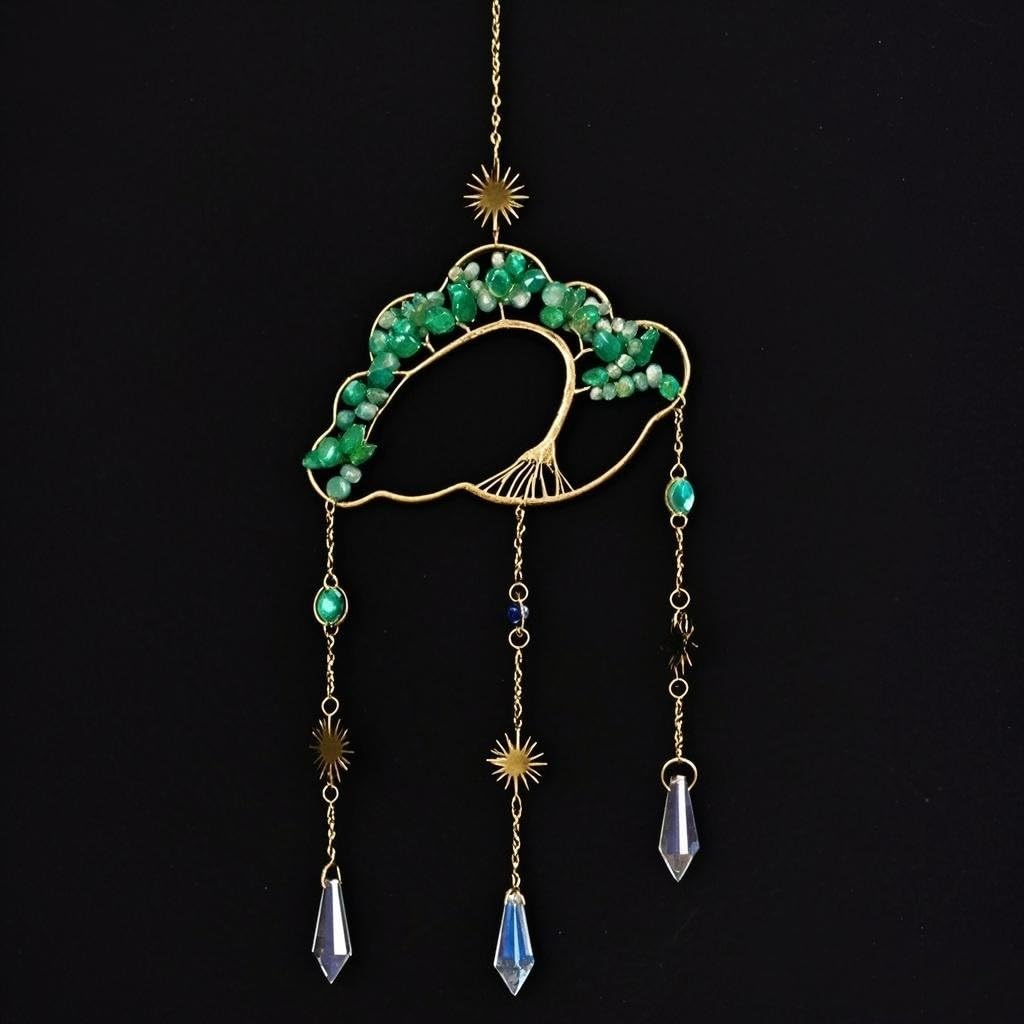 Crystal Cloud Suncatcher for Window - 7 Chakra Hanging Tree of Life Natural Healing Stones Wind Chimes Dream Catcher Rainbow Maker Good Luck Decor for