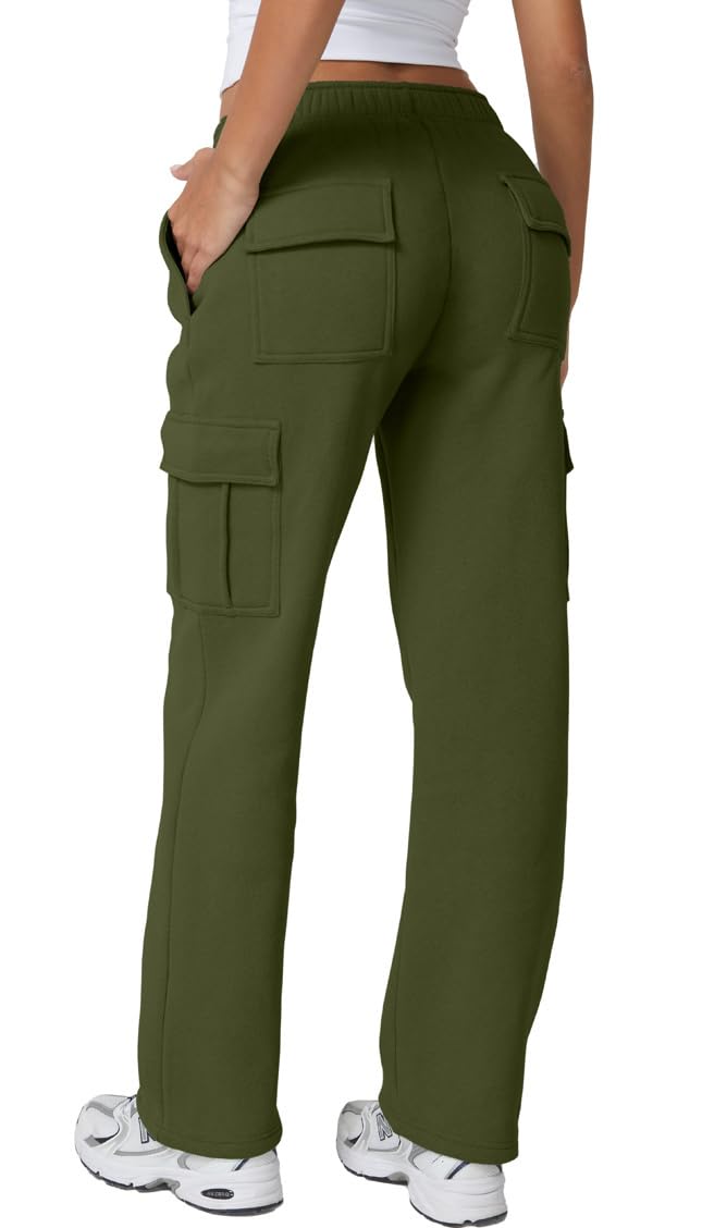 QINSEN Baggy Medium Waist Elastic Sweatpants for Womens Casual Long Fleece Cargo Pants with Pockets