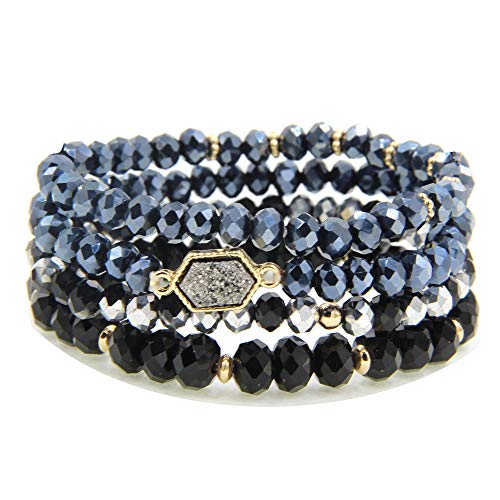 Image of Gold Beaded Bracelet Set, Square Stone Hexagon Druzy Stretch Beaded Stackable Bracelets Bangles