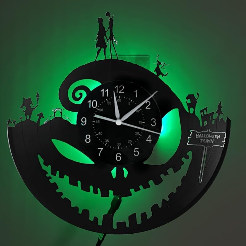 Horror Themed LED Wall Clock Black Vinyl Record Design 12 Inch Round Shape with Backlight Movie Characters Silhouette Art for Indoor Living Room Decor