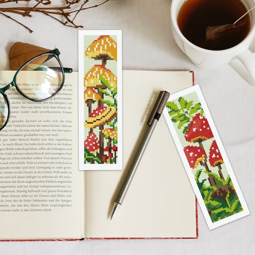 Image of INFUNLY 6pcs Mushroom DIY Cross Stitch Bookmark Kits 2.4''x7.9'' Plants Stamped Embroidery Bookmark Kit with Instruction Red Mushroom Embroidery Bookmark Set with Pre-Printed Plants for Book Lovers