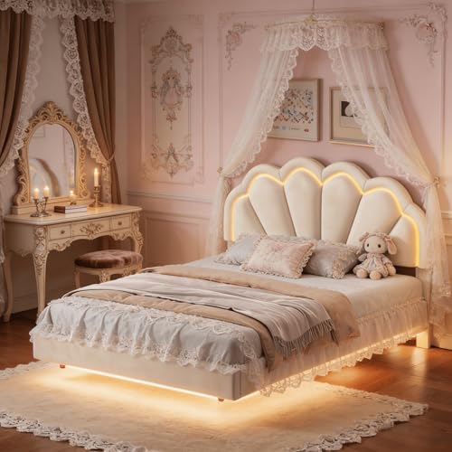 BRILVERDE Lit Rembourré 140 x 200 cm,Lit de Fille avec tête de LED réglable et sommier à Lattes, Lit Flottant Design Forme Couronne pour Enfants et...