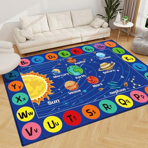 AKASISRUG Outer Space Rug for Kids Room, ABC Educational Learning Kids Carpet, Non-Slip Solar System Road Play Play Rug for Kids Bedrooms, Classroom, Nursery Room Decor (Blue, 59X39.4 INCH)