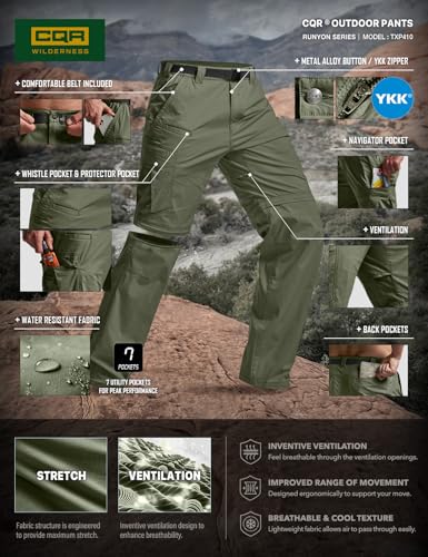 Image of CQR Men's Convertible Cargo Tactical Pants, Water Resistant Outdoor Hiking Pants, Zip Off Lightweight Stretch Work Pants