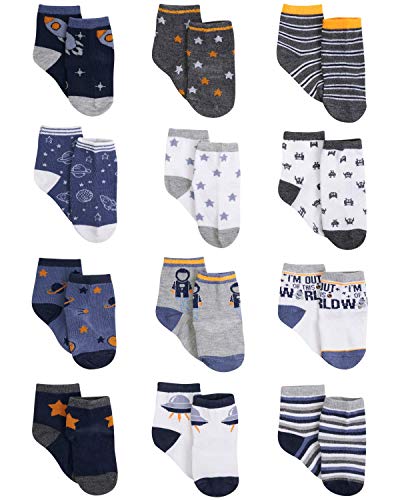 Rising Star Baby Boys Assorted Color Designs 12 Pair Socks Set (0-24 Months)