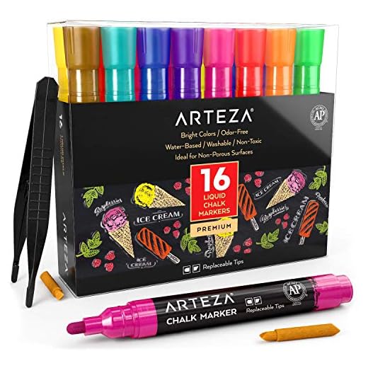 ARTEZA Rotuladores metalizados de tiza líquida | Set de 16 marcadores de tiza | 16 colores brillantes| Con pinzas + 50 etiquetas + 2 plantillas adhesivas | Rotuladores de tiza para cristal y pizarra