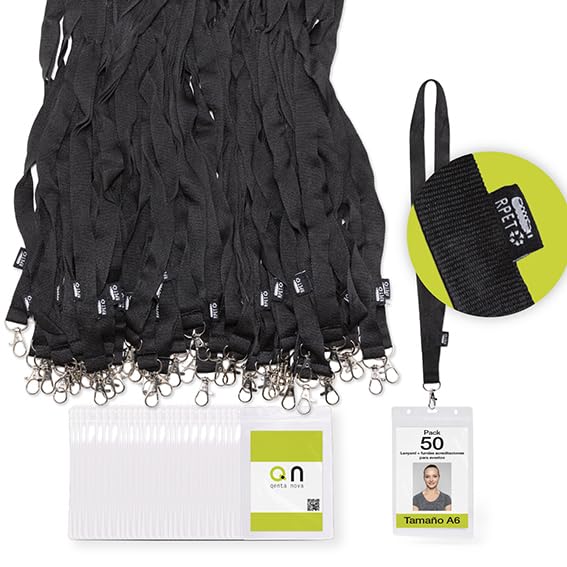 Porte-badge avec cordon noir A6 transparent porte-nom en plastique recyclé | 50 pièces
