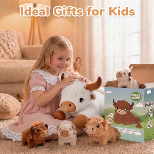 Image of gnomantic Highland Cow Stuffed Animals with Babies, Mommy Toy for Kids | 5-Piece set: 1 mommy highland cow + 4 surprise babies inside. Unzip belly to reveal babies. Ultra-soft, safe for ages 3-8.