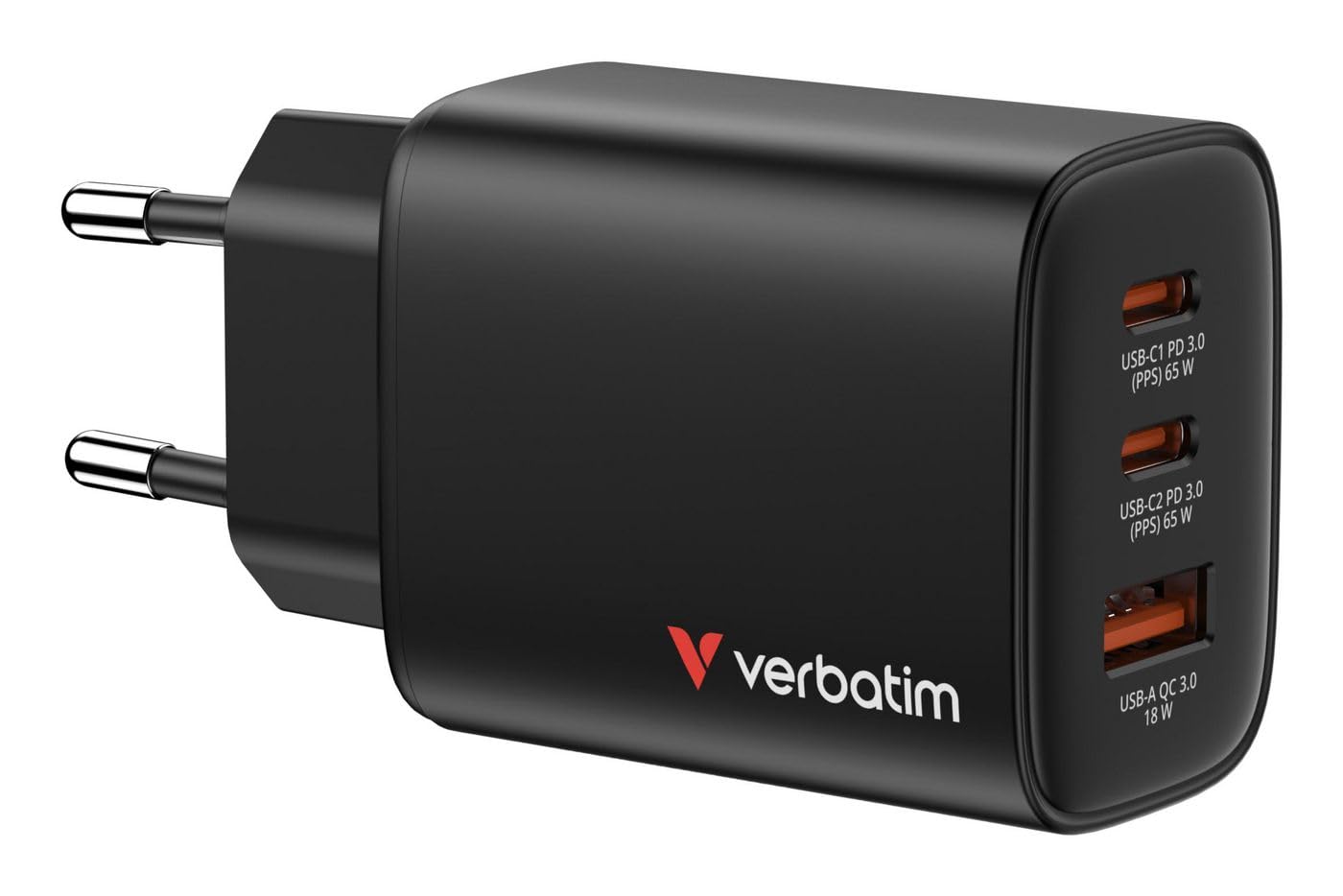 Verbatim Essentials GaN Chargeur 65 W 2 Ports USB-​C PD3.0, 1 Port USB-​A QC 3.0, Chargeur Rapide comme multiprise pour Apple MacBook, Ordinateur Portable, iPad, iPhone 15 - iPhone 17, Samsung - Noir