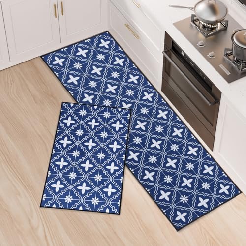 LY4U 2 PCS Non-slip Runner Rugs, Water Absorbent, Durable, Blue, 43x75+43x120cm for Kitchen, Laundry, Bedroom