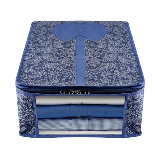 Image of Kuber Industries Pack of 3 Shirt Storage Bag | Shirt Organizer for Closet | Visible Window Shirt Bag | Wardrobe Storage Bag | Clothes Storage Bag | Flower Printed Shirt Cover | Navy Blue