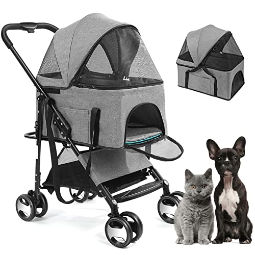 Wedyvko Poussette 3 en 1 pour chien et chat avec sac de transport amovible, 4 roues de voyage pliable en alliage d'aluminium pour chiens et chats de petite et moyenne taille