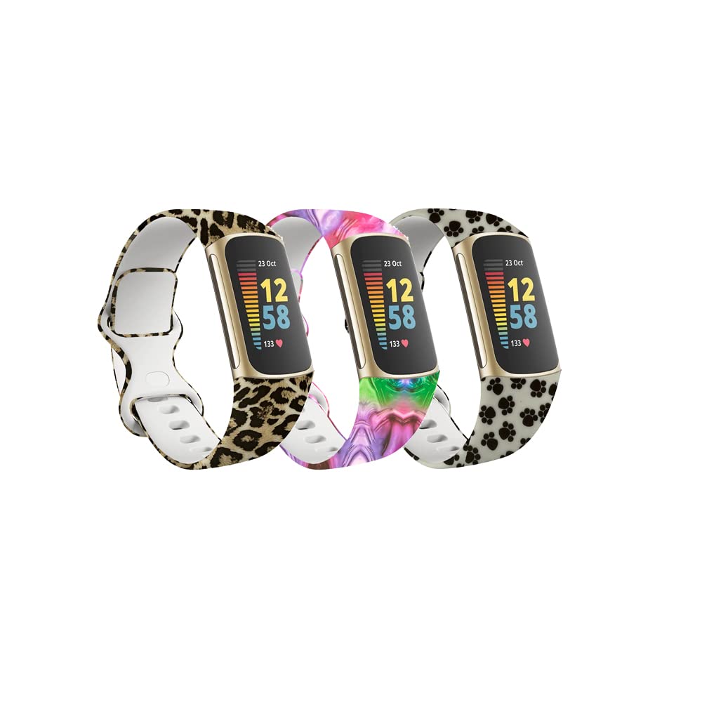 ChofitSilicone Bands for Fitbit Charge 5 Women Men,Soft Silicone Adjustable Sport Straps Replacement Wristbands for Fitbit Charge 5 Small and Large (Leopard&Rainbow&Feet, Large)