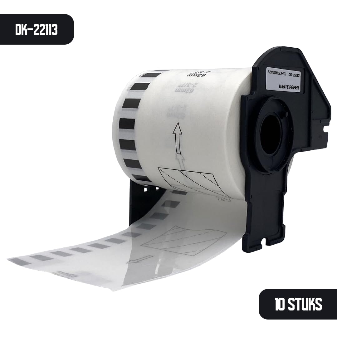 DULA Brother-kompatibel DK-22113, Endlos - Etikettenrolle, 10 Rollen, 62 mm x 15,24 m, Schwarz auf transparent, Filmptape