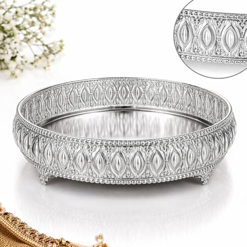 Image of German Silver Decorative Tray with Legs Stand | Round 8 inch Serving & Pooja Thali | Premium Embossed Design | Home Decor & Festive Gift Tray