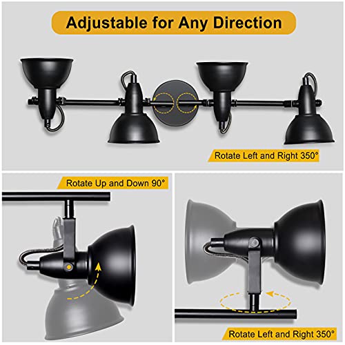Hibay Industrial Track Lighting Fixture, Led 4-Light Directional Ceiling Lights Kit, Adjustable Black Spotlight For Kitchen Living Room Bedroom Dining Room, E12 Base (Bulbs Not Included #TOP2