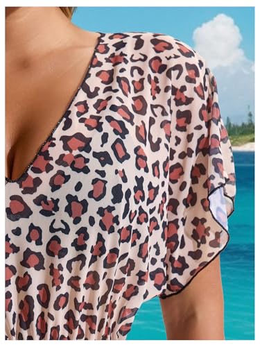 Verdusa Women's Leopard Cheetah Print Deep V Neck Swim Coverup Sheer Short Sleeve Beach Short Dress3