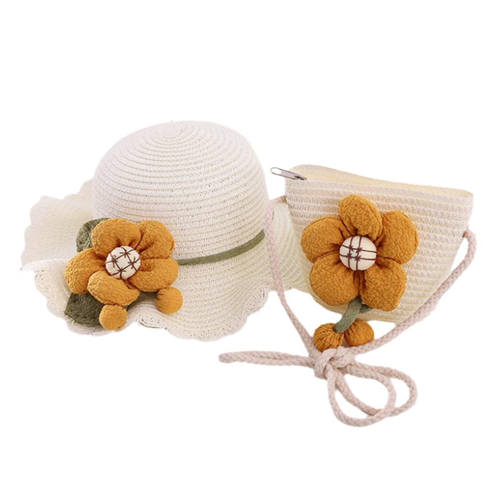 REYOK Sombrero de Paja y Bolso de Verano para Niña,Gorra de Sol Bolso Pequeño para Niñas,Mini Sombreros de Playa con Dulces Decoración,Suministros para Niños Viaje Piscinac al Aire Libre (Blanco)