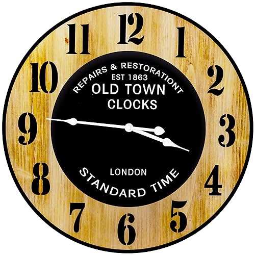 Retoo Orologio da Parete in Legno 50 cm, Massello, Silenzioso, Senza Ticchettio, per Soggiorno, Camera da Letto, Cucina, Ufficio, Ristorante, Retro, Moderno, Decorazione, Marrone-Nero