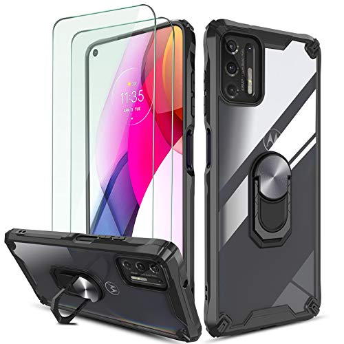 QHOHQ Case for Motorola Moto G Stylus 2021 (Not fit G Stylus 2020) with 2 Pack Screen Protector,[360° Rotating Stand] [5 Times Military Grade Anti-Fall Protection],Transparent PC Back Cover-Black