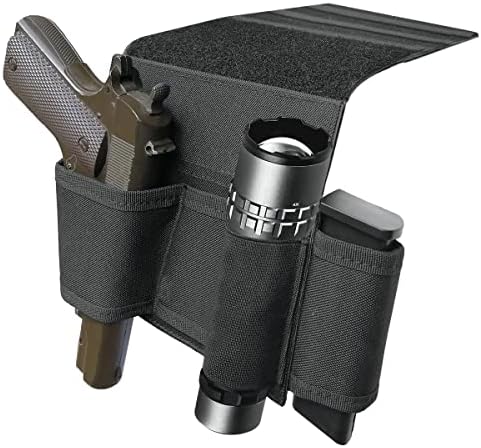 Bedside Holster, Pistol Holster, Bed Side Holster, Under Mattress Handgun Holster, Tactical Gun Holster with Flashlight Loop Holder (Tactical Black)