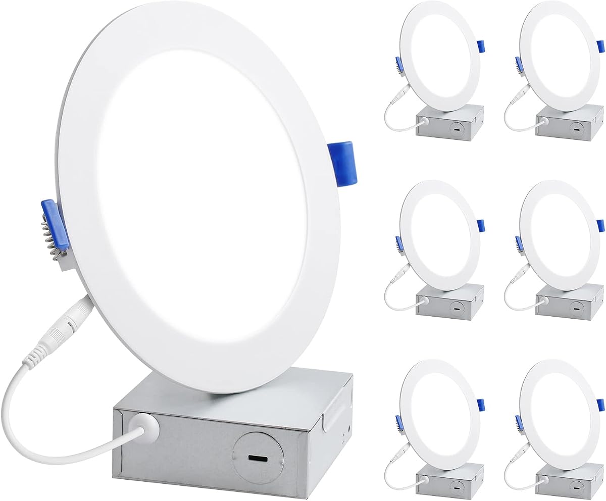 Lepro Paquete de 6 luces LED empotrables de techo de 6 pulgadas con caja de conexiones, oblea de luz diurna de 5000 Kelvin ultrafina, luz empotrable regulable de 1050 lúmenes, 12 vatios Eqv. 100 vatios, certificación ETL, Energy Star y FCC | Downlight ultrafino sin vela, luz diurna regulable de 5000K, luces de oblea para sala de estar, baño, oficina, pasillo, ETL y FCC