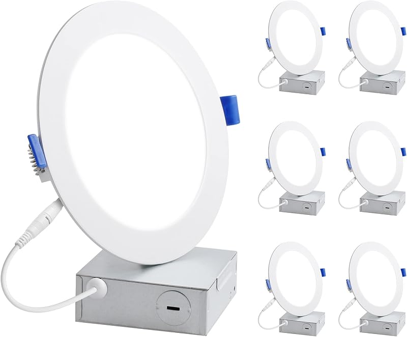 Lepro Paquete de 6 luces LED empotrables de techo de 6 pulgadas con caja de conexiones, oblea de luz diurna de 5000 Kelvin ultrafina, luz empotrable regulable de 1050 lúmenes, 12 vatios Eqv. 100 vatios, certificación ETL, Energy Star y FCC | Downlight ultrafino sin vela, luz diurna regulable de 5000K, luces de oblea para sala de estar, baño, oficina, pasillo, ETL y FCC