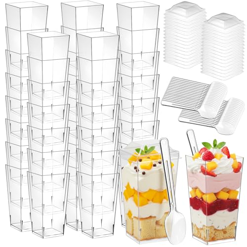 150 Pcs 3 Oz Mini Dessert Cups with Lids & Spoons Reusable Plastic Parfait Pudding & Shooter Cups for Parties Ideal for Ice Cream Fruit and Cake Clear Dessert Cups Vasos para Postres con Tapa