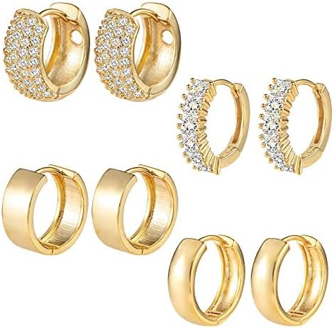9 Pairs Multipack Small Gold Hoop Earrings Set for Women, 14k Real Gold Plated Hoop Earrings with AAA+ Cubic Zirconia, Twist Heart Hypoallergenic Cartilage Gold Hoops for Women Grils Jewelry Gift