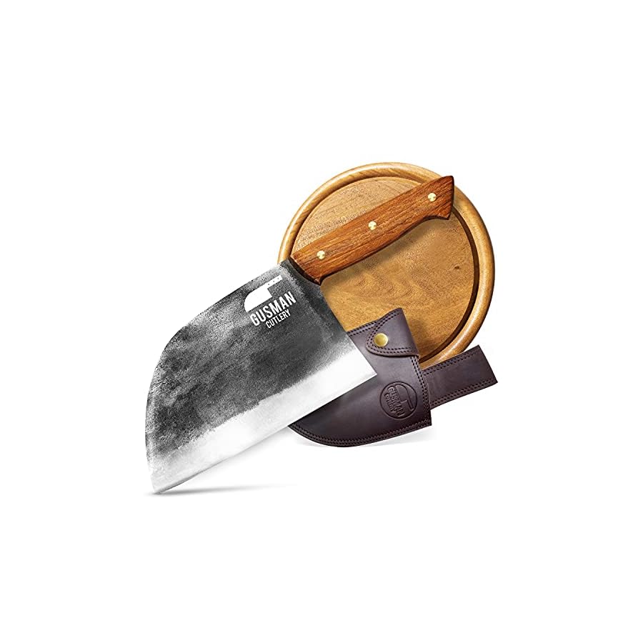 Serbian-Chef-Knife-Heavy-Duty-Butcher-Knives-Set-Professional-Carbon-Steel-Cleaver-Knife-wSheath-Rustic-Full-Tang-Big-Camp-Bone-Chopper-for-Men-BBQ-Cutting-Kitchen-Cooking-Chopping GUSMAN CUTLERY Serbian Chef Knife - Heavy Duty Butcher Knives Set Professional Carbon Steel Cleaver Knife w/Sheath Rustic Full Tang Big Camp Bone Chopper for Men BBQ Cutting Kitchen Cooking Chopping