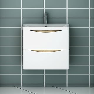 Huibathroom 600mm Wall Hung Bathroom Vanity Sink Unit with Basin Cabinet,2 Drawer Oak Body White Drawer Surface