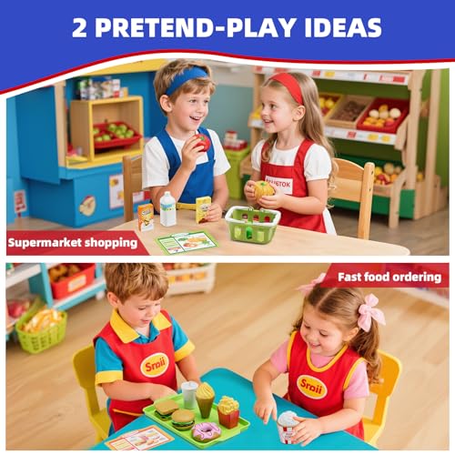 Image of HYES Rechargeable Wooden Cash Register for Kids, Toy Cash Register with Play Money, Toy Food, Pretend Play Supermarket & Fast Food Restaurant, Toddler Learning Toys for Boy & Girl Age 3-5, Blue