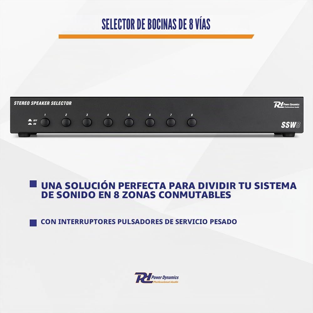 Power Dynamics SSW8 - Selector de audio para altavoces, controla 8 parejas de altavoces, instalación fácil, sin alimentación externa, compatible con altavoces 4-16 Ohmios, Máx.100W por canal