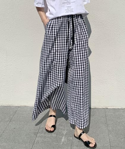 chouyatou Women's Plaid Wide Leg Culotte Pants Gingham High Elastic Waisted Cropped Palazzo Pants with Pockets2