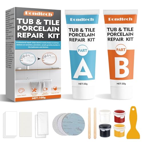Bondtech Porcelain Repair Kit, White Bathtub & Tile Repair Kit, for Tub, Enamel, Fiberglass, Acrylic, Porcelain, Ceramic, Marble, Granite, Chips, Dents, Cracks, Hole (101)
