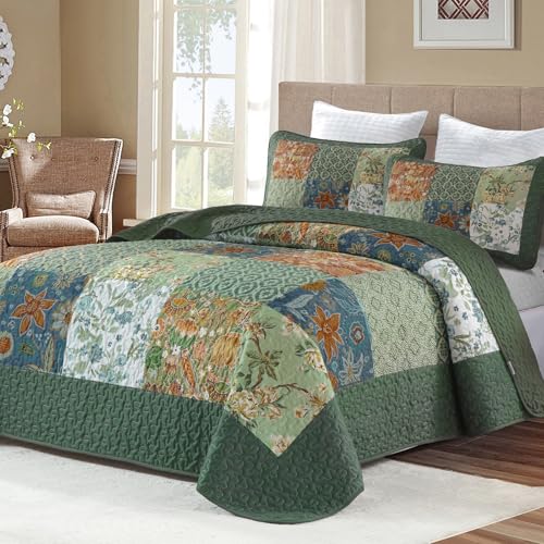 DJY Patchwork Quilt Set King Green Boho Rustic Floral Bedspread Coverlet