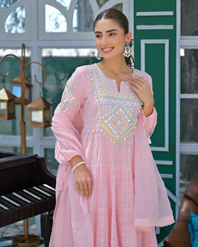 Image of Women Ethnic Motifs Embroidered Empire Kurta Set with Trors & Dupatta Thread Work Fit Ethnic for Women | Pink