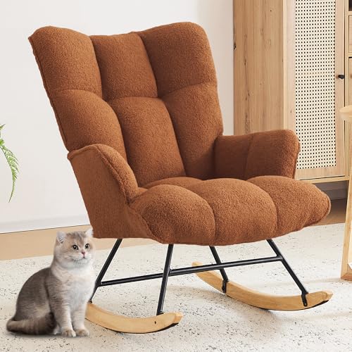 Image of Zedachica Nersury Rocking Chair Indoor Glider Rocking Chair, Teddy Upholstered Rocking Accent Chair, Comfy Nursing Rocker Soft Glider Chair with Highback for Living Room Bedroom Babyroom (Brown)