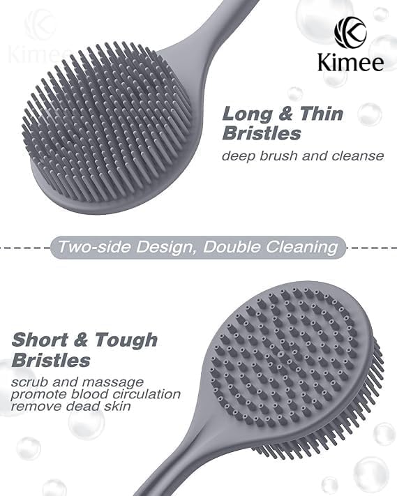 Image of KIMEE 3PCS Bath Brush Set - Long Handle Body Scrubber, Silicone Face Cleansing Brush & Shampoo Scalp Massager, Exfoliating Back Brush for Deep Cleaning Shower, Spa Skin Care Tools for Men & Women