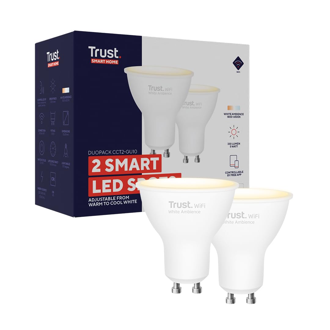 Trust WiFi GU10 Smart Lampe, Dimmbar LED Spot, WiFi Lampen für Alexa und Google Home, GU10 LED Glühbirne RGB Lampe, Kein Hub Erforderlich, 2.4GHz Leuchtmittel, Weiß - 2er-Pack