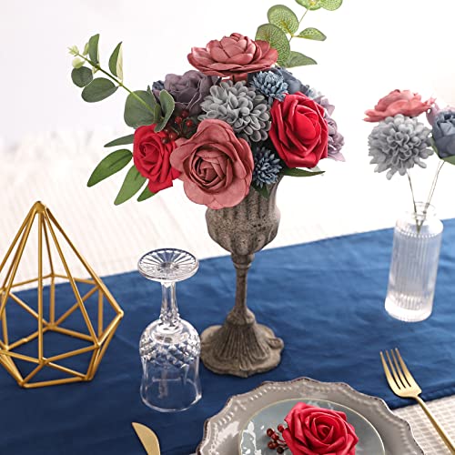 N&T Nieting Artificial Flowers, 25Pcs Artificial Fall Flowers Red Blue Autumn Wedding Combo Box Set For Home Party Decor, Fake Roses For Bridal Bouquets Floral Arrangements #TOP1