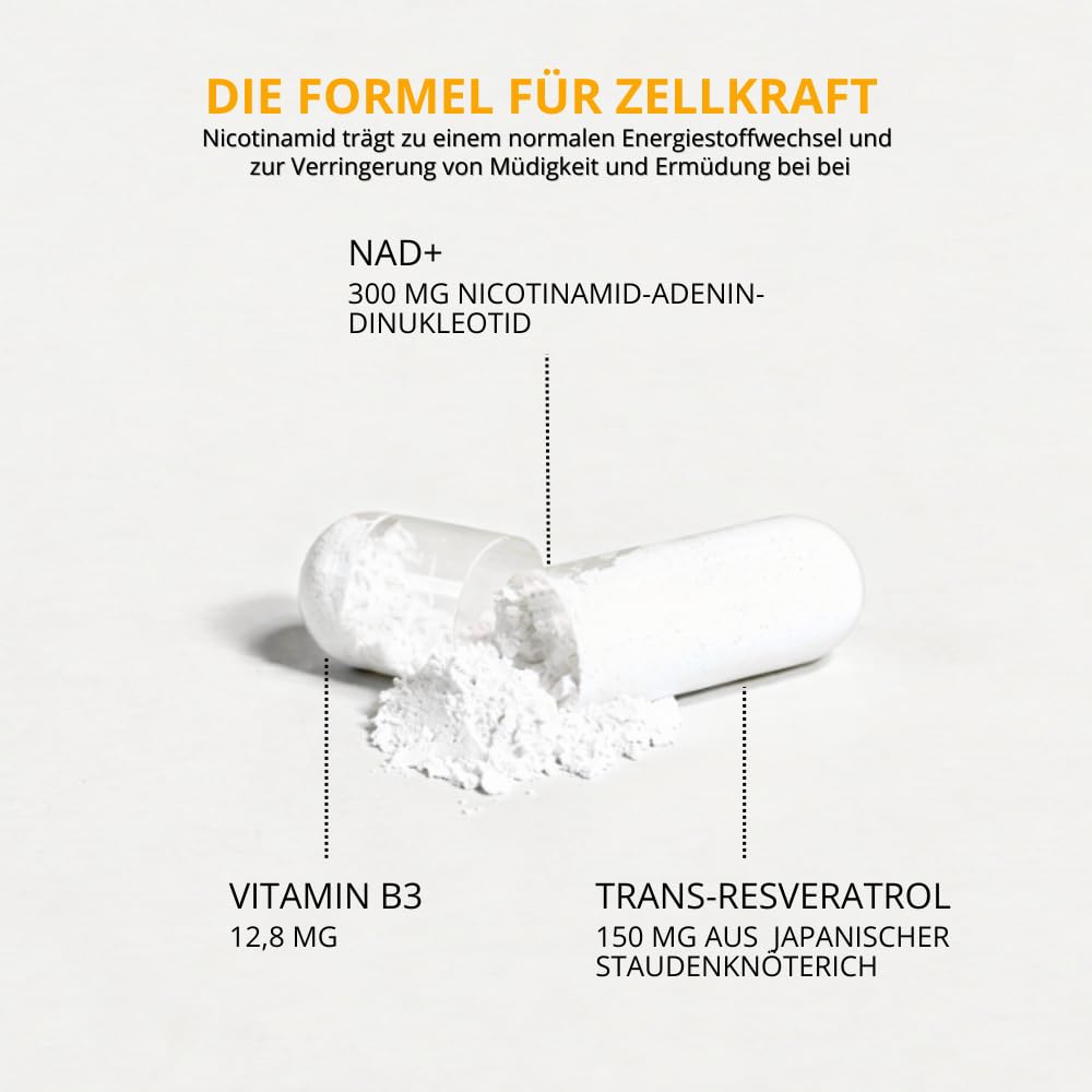 Zell Formel - NAD+ Faktor - NAD Plus Kapseln mit Resveratrol und Nicotinamid - Vegan - 2 Monate Reichweite - laborgeprüft in Deutschland - 60 Kapseln von Naturklar