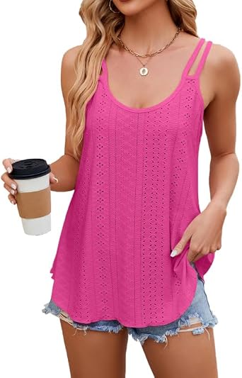 Summer Womens Casual Tank Tops Sleeveless Eyelet Embroidery Scoop Neck Loose Fit