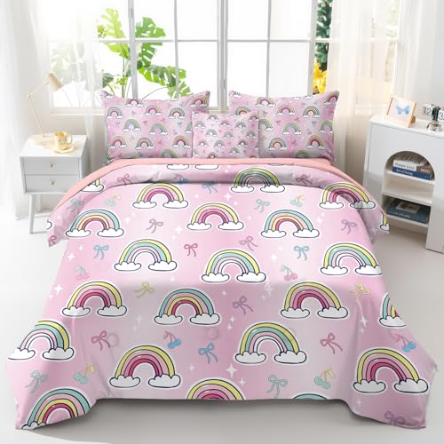 Image of 6 Pieces Girls Rainbow Bedding Set - Tie Dye Pink Bow Comforter Set for Kids Teens - Colorful Bow Knots Bed in A Bag Sheets Set (Rainbow Bowknot, Twin)