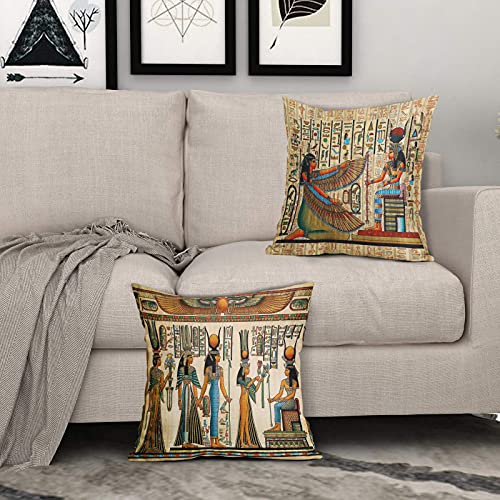 Egypt Egyptian Pillow Cases 18X18 Queen Nefertari Papyrus Ancient Wall Painting Throw Pillow Covers Cotton Vintage History Decorative Cushion Cover Both Sides For Sofa Bedroom Living Room Patio #TOP5