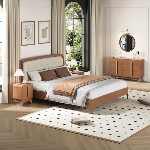 Image of JOINICE Mid Century Modern Dresser and Nightstand Sets for Bedroom, Cherry | Night Stand Set of 2 with Matching 47 inch Dresser, Large Chest of Drawers for Storage with Gold Handles, 3 Pieces Accent Set